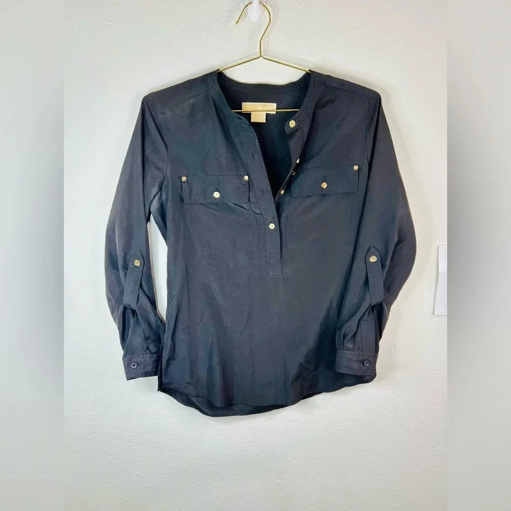 Michael Kors Women's Petite SM Black Utility Blouse Gold Button Long Sleeve Top